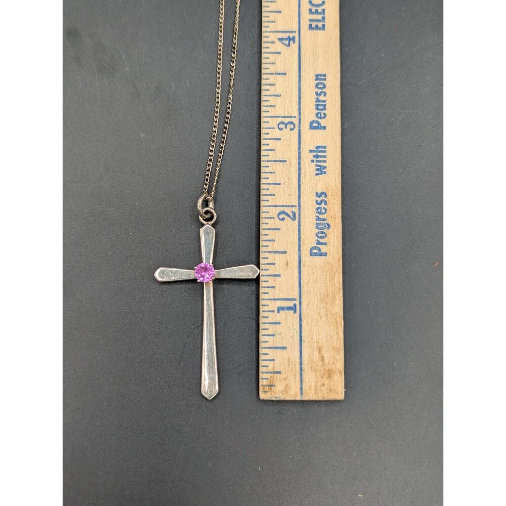 Vintage Art Deco Style 925 Pink Stone Cross Pendant Necklace Red UV Glows - Picture 4 of 12